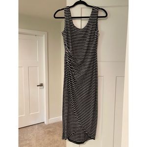 TAHARI Black/White Assymetrical Striped Long Dress